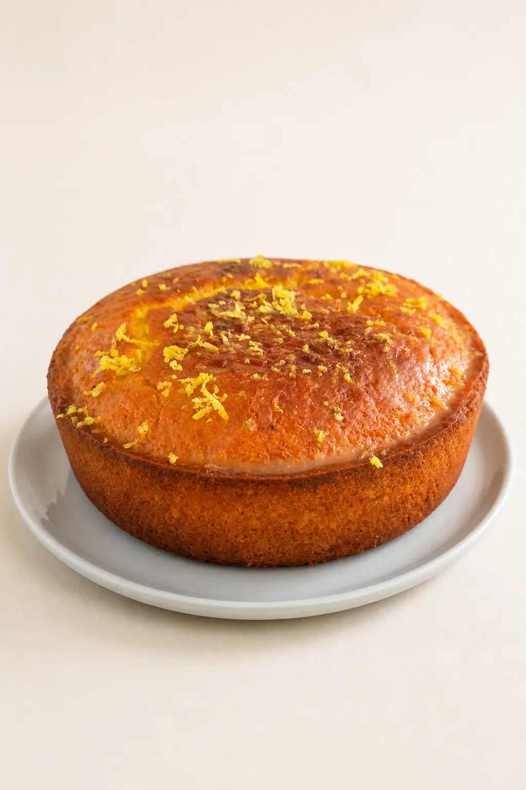A lemon poppy cake, zested and glazed, on a cream board